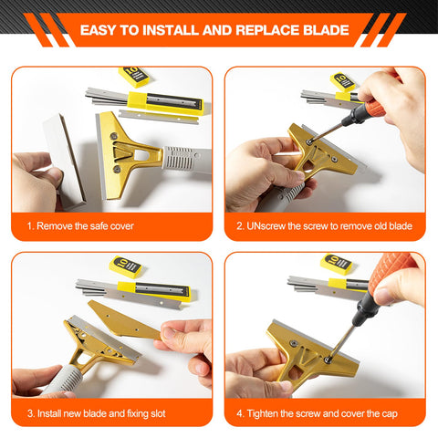 Gomake multi-surface scraper in action on walls, floors, and glass.