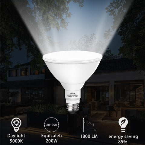 Gonhom Par38 LED flood light dimmable with 1800 lumens for bright evenings.