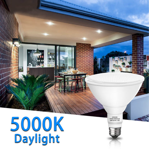 Gonhom Par38 flood light ideal for patios, gardens, and garages.