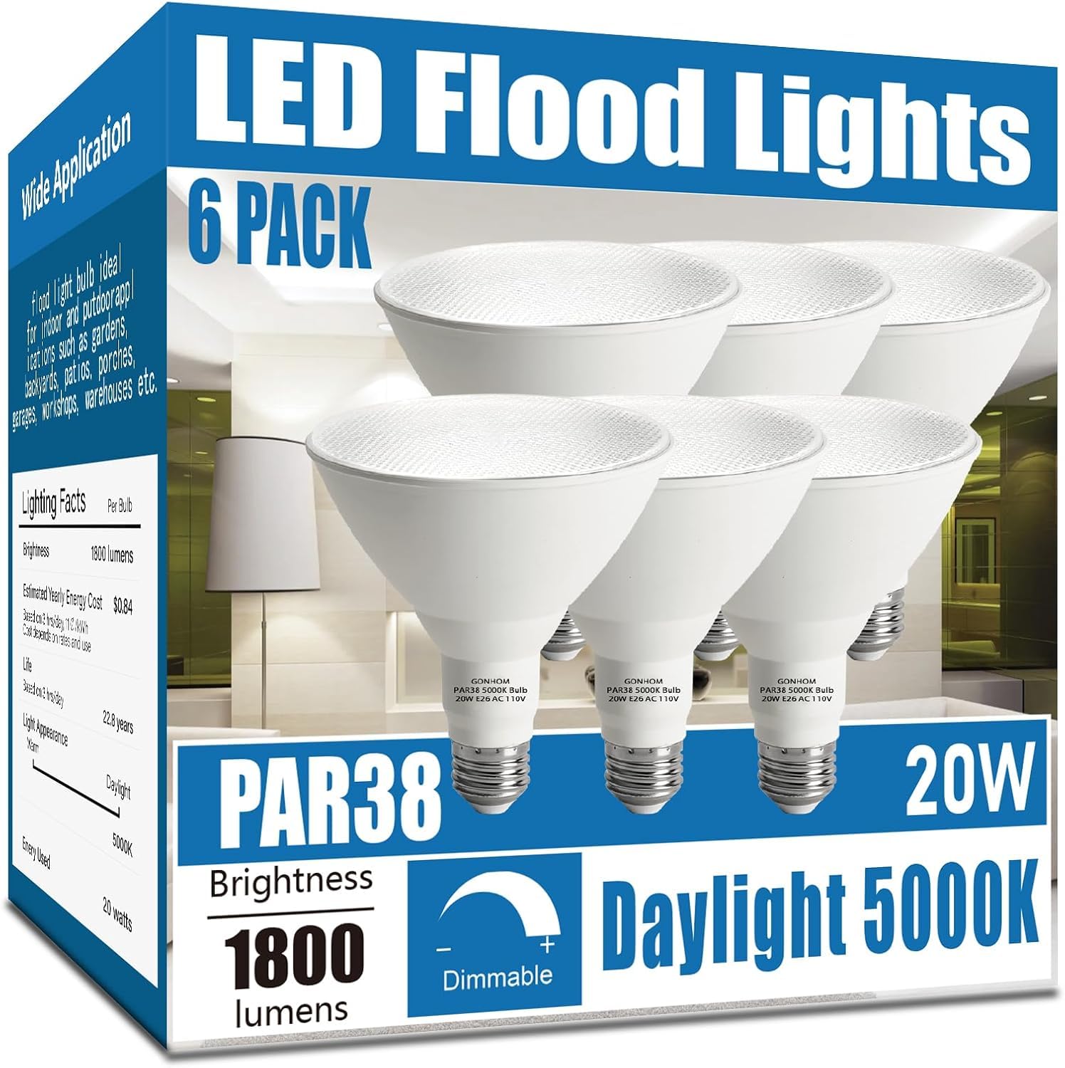 Gonhom Par38 six-pack outdoor LED flood lights for exterior illumination.