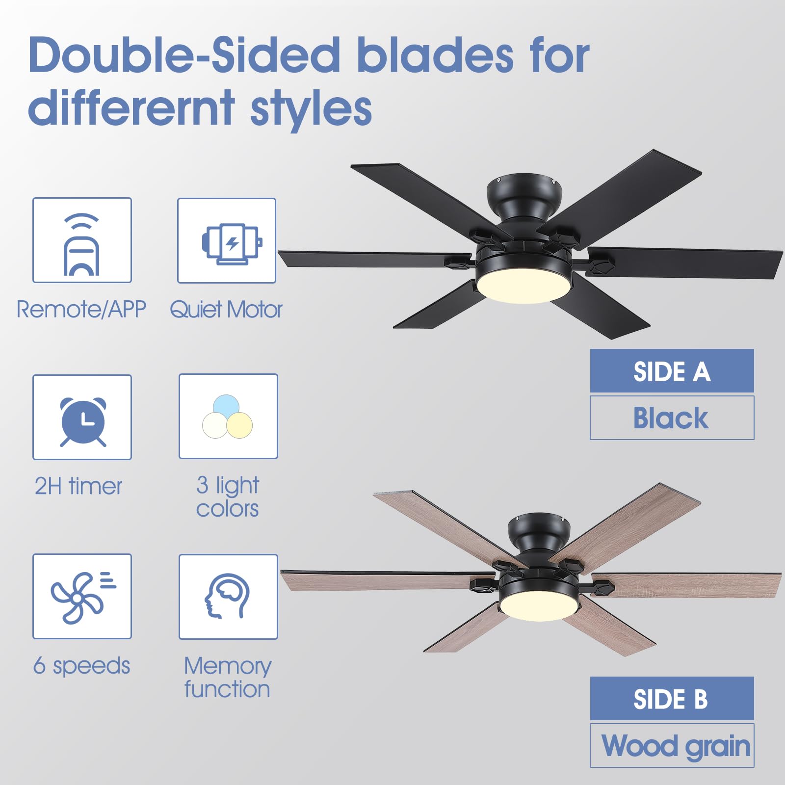Goniyado ceiling fan side view showing sleek low-profile design