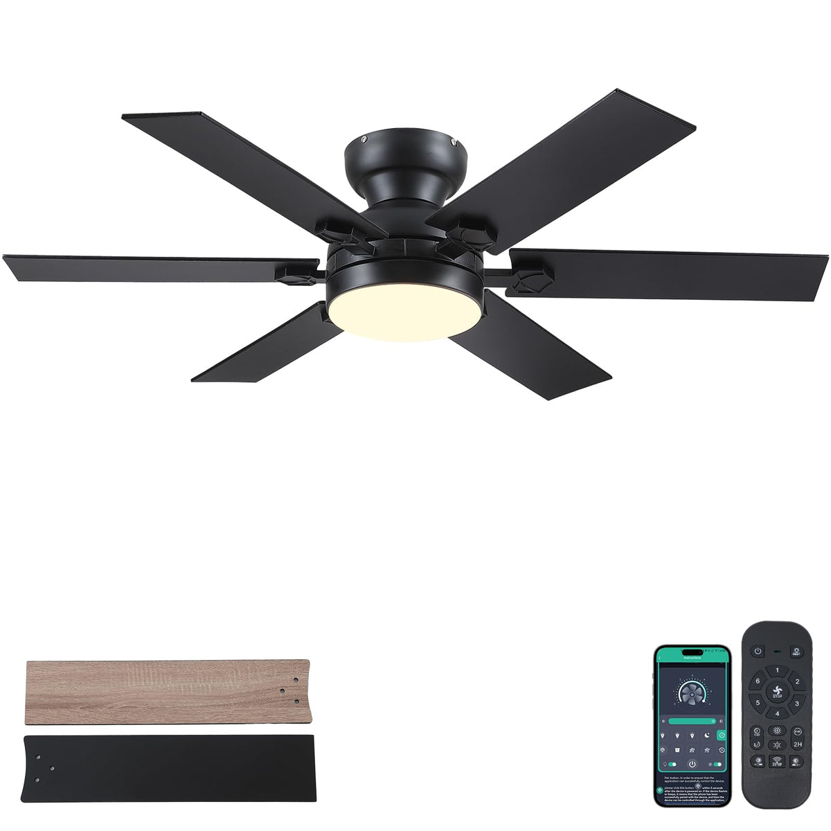 Goniyado 52-inch black ceiling fan with lights viewed head-on for modern rooms