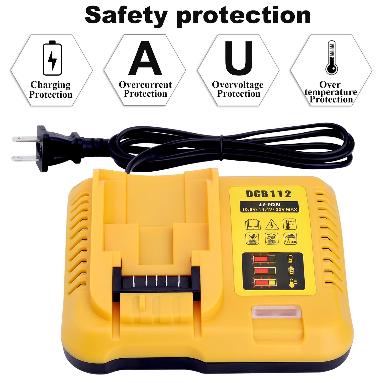 Gonocop DCB112 charger compatible with wide DeWalt lithium battery models for flexible project setups.