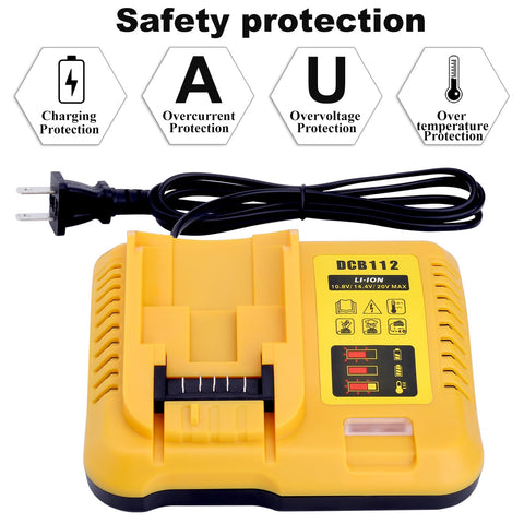 Gonocop DCB112 charger compatible with wide DeWalt lithium battery models for flexible project setups.