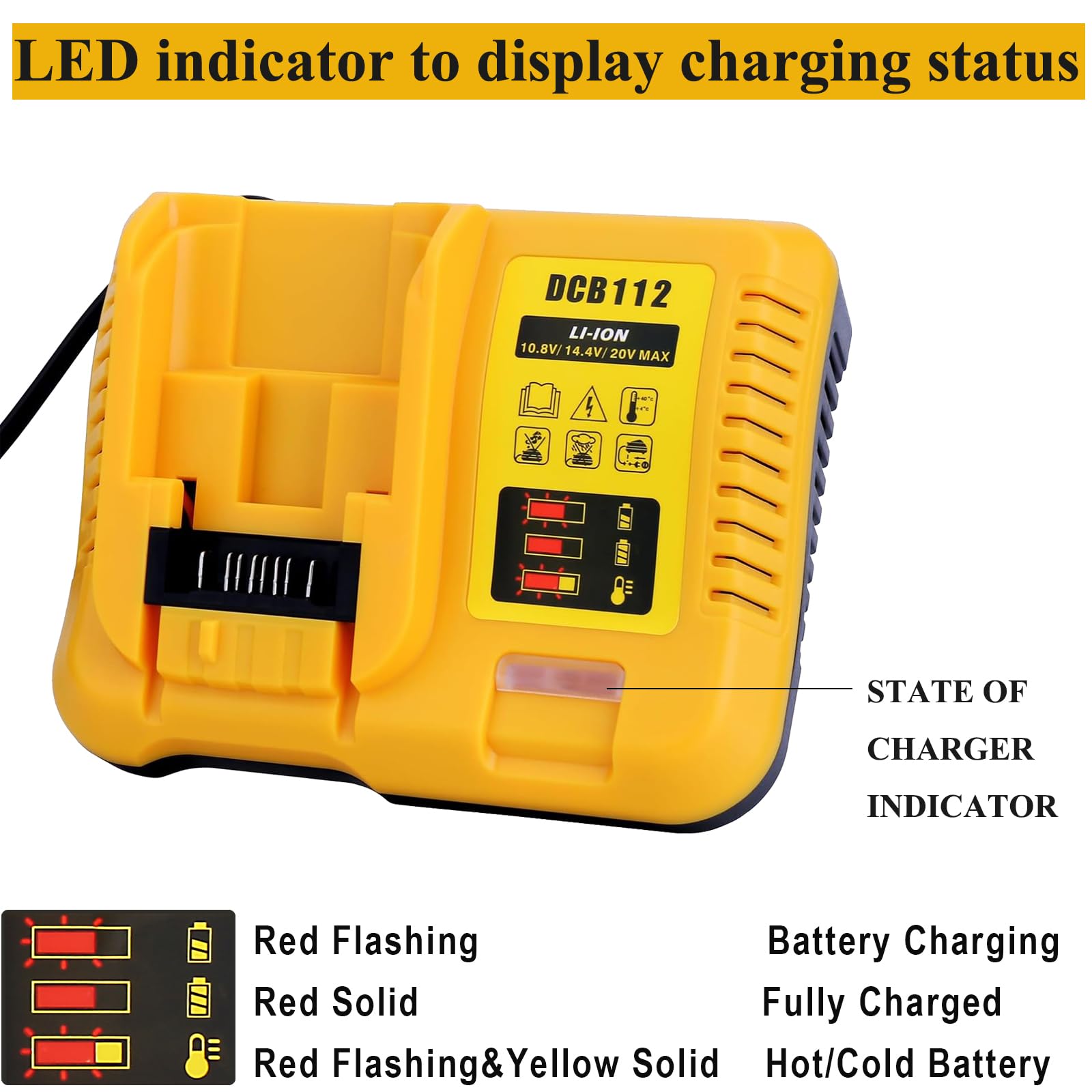 Gonocop DCB112 charger side angle emphasizes portable, travel-ready charging for 12V-60V batteries.
