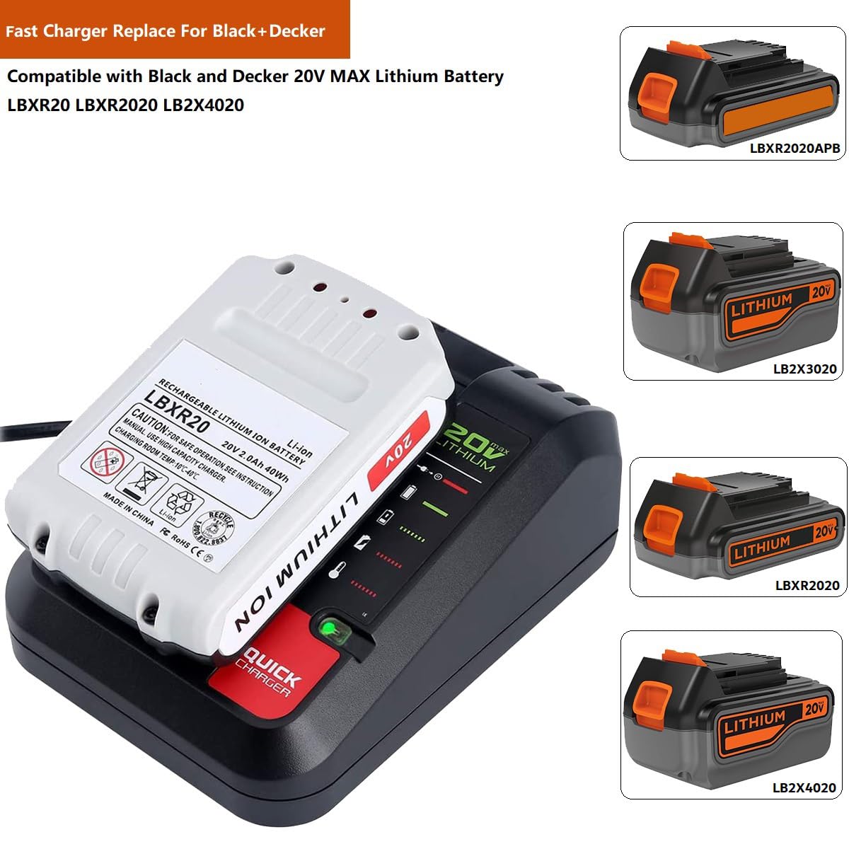 Gonocop charger with indicator lights shows charge progress for Black and Decker batteries.