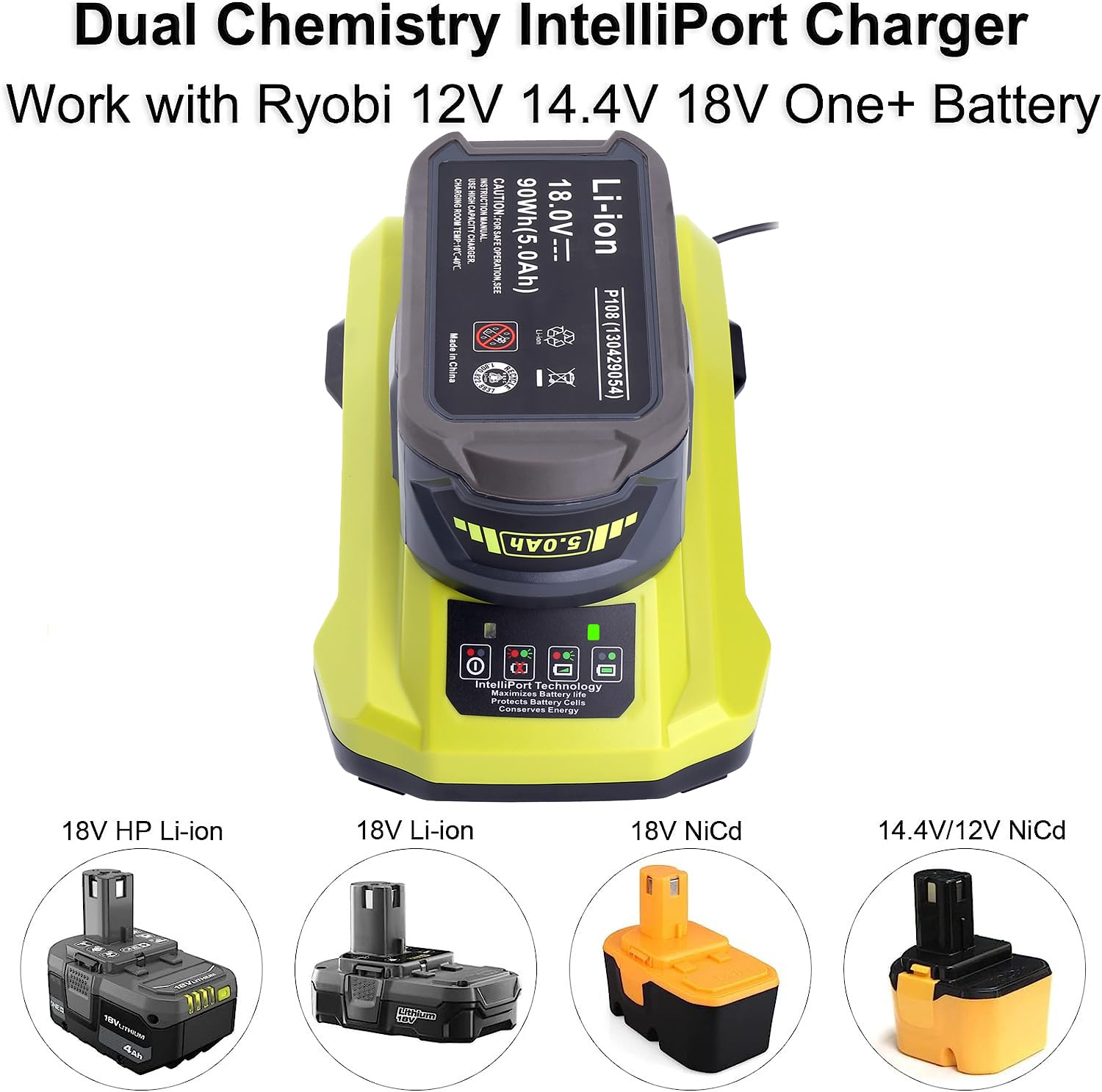 Gonocop Ryobi 18V P117 charger back view with safety icons.
