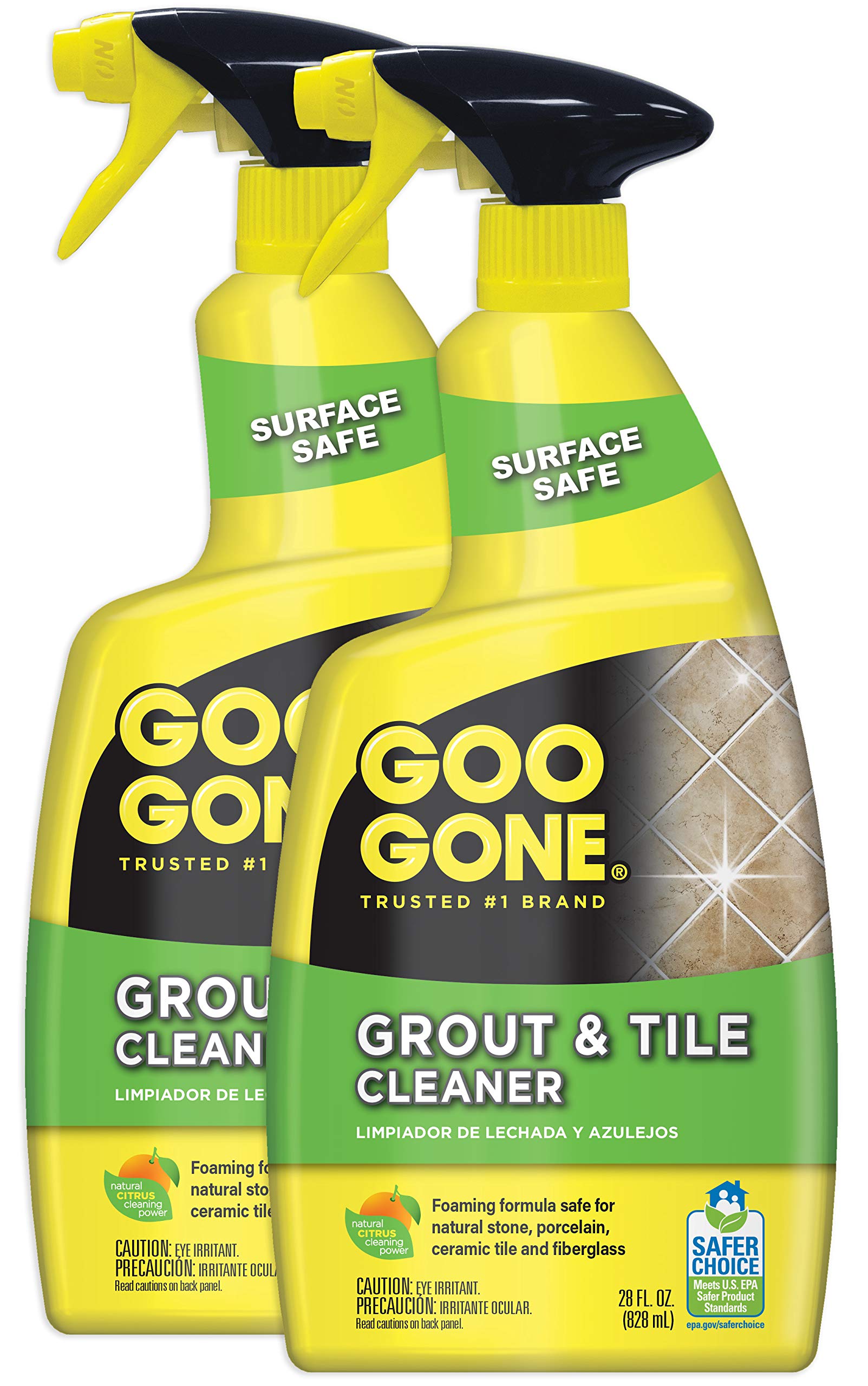 Goo Gone grout cleaner bottle pours to treat stubborn tile stains