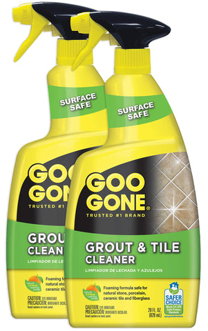 Goo Gone grout cleaner bottle pours to treat stubborn tile stains