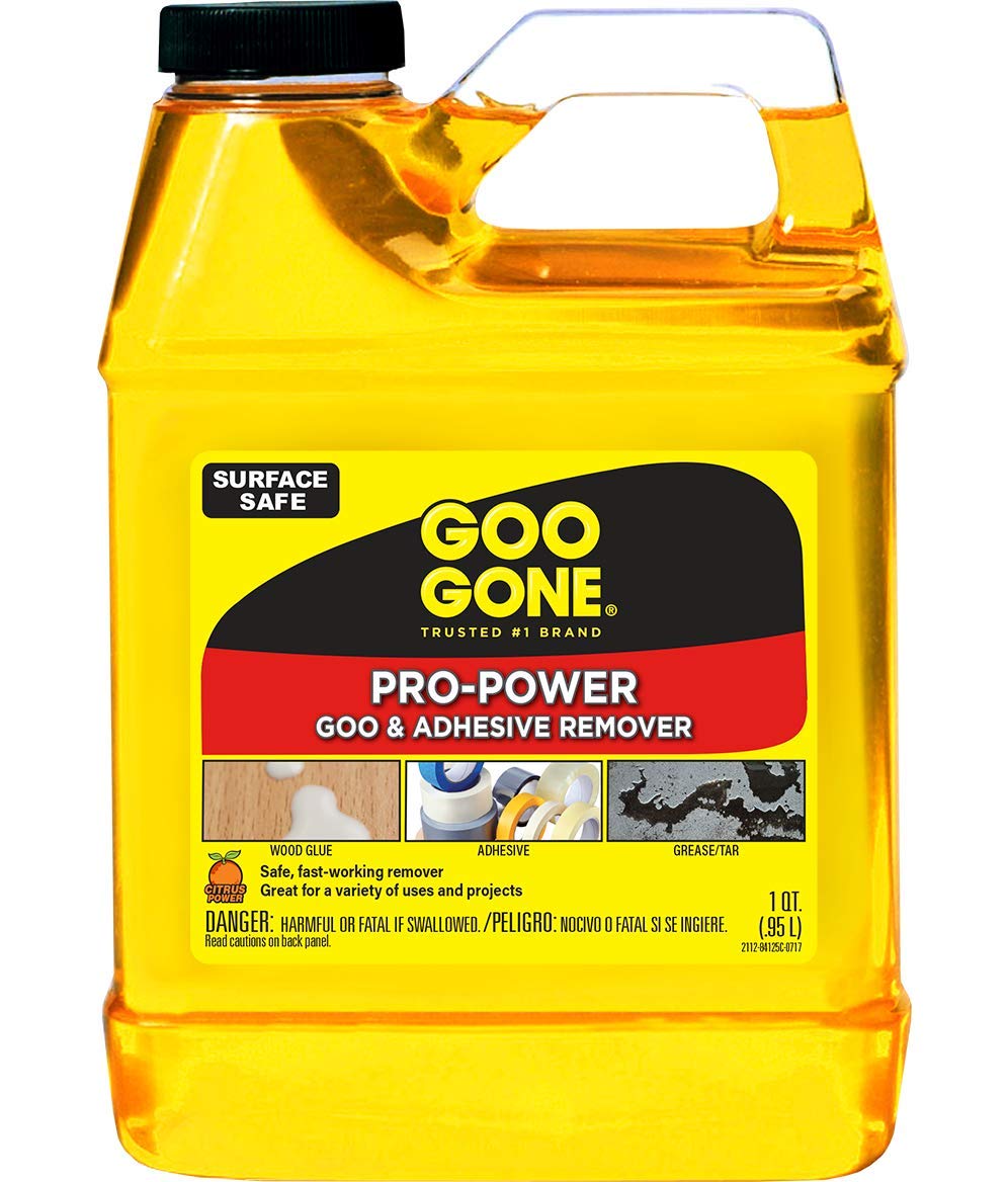 Goo Gone Pro-Power adhesive remover bottle lifting tough residue and stickers