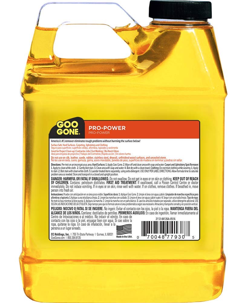 Goo Gone Pro-Power tape residue dissolver showing sticky film removal