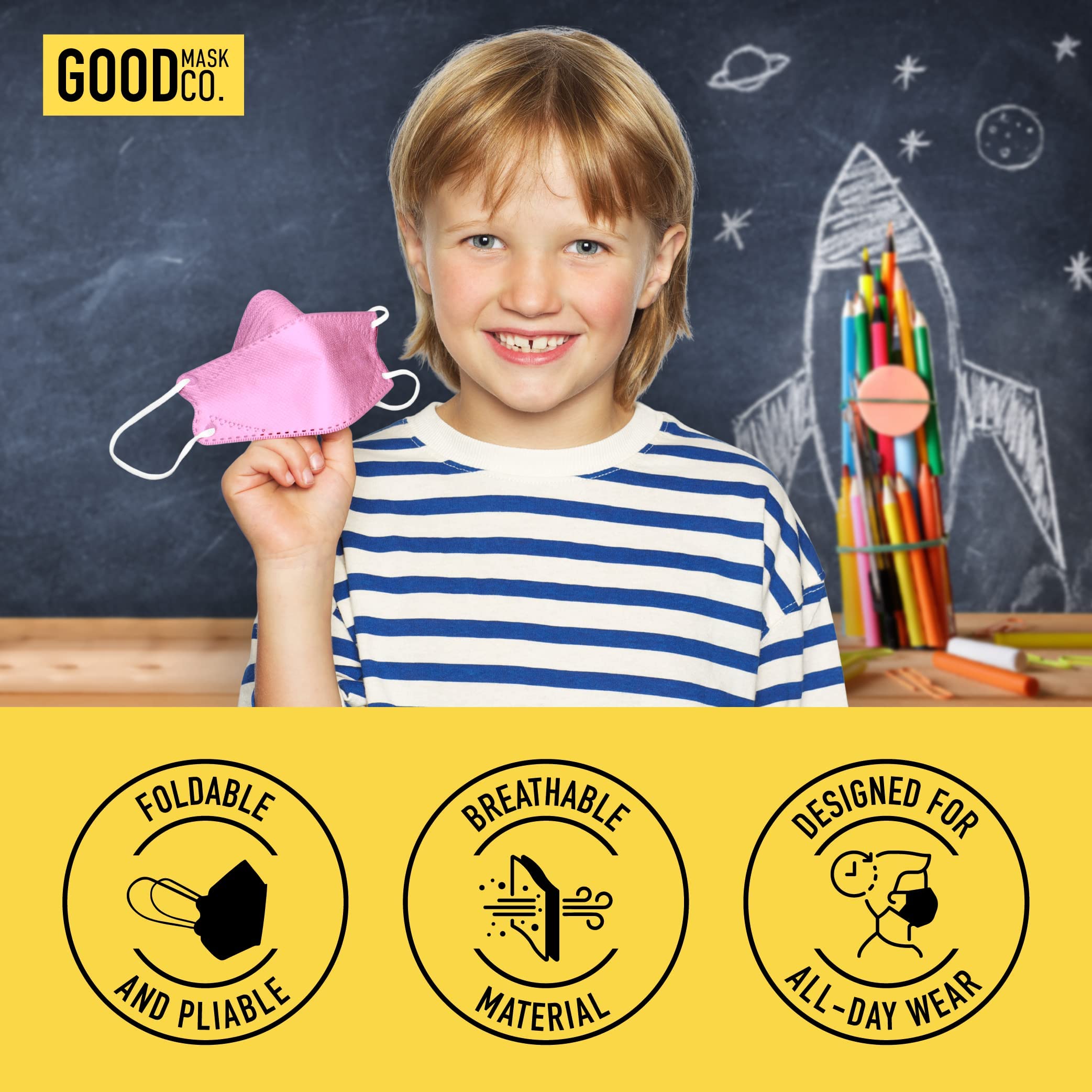 Good Mask Co. Kid-fit snug design helps stay secure while learning