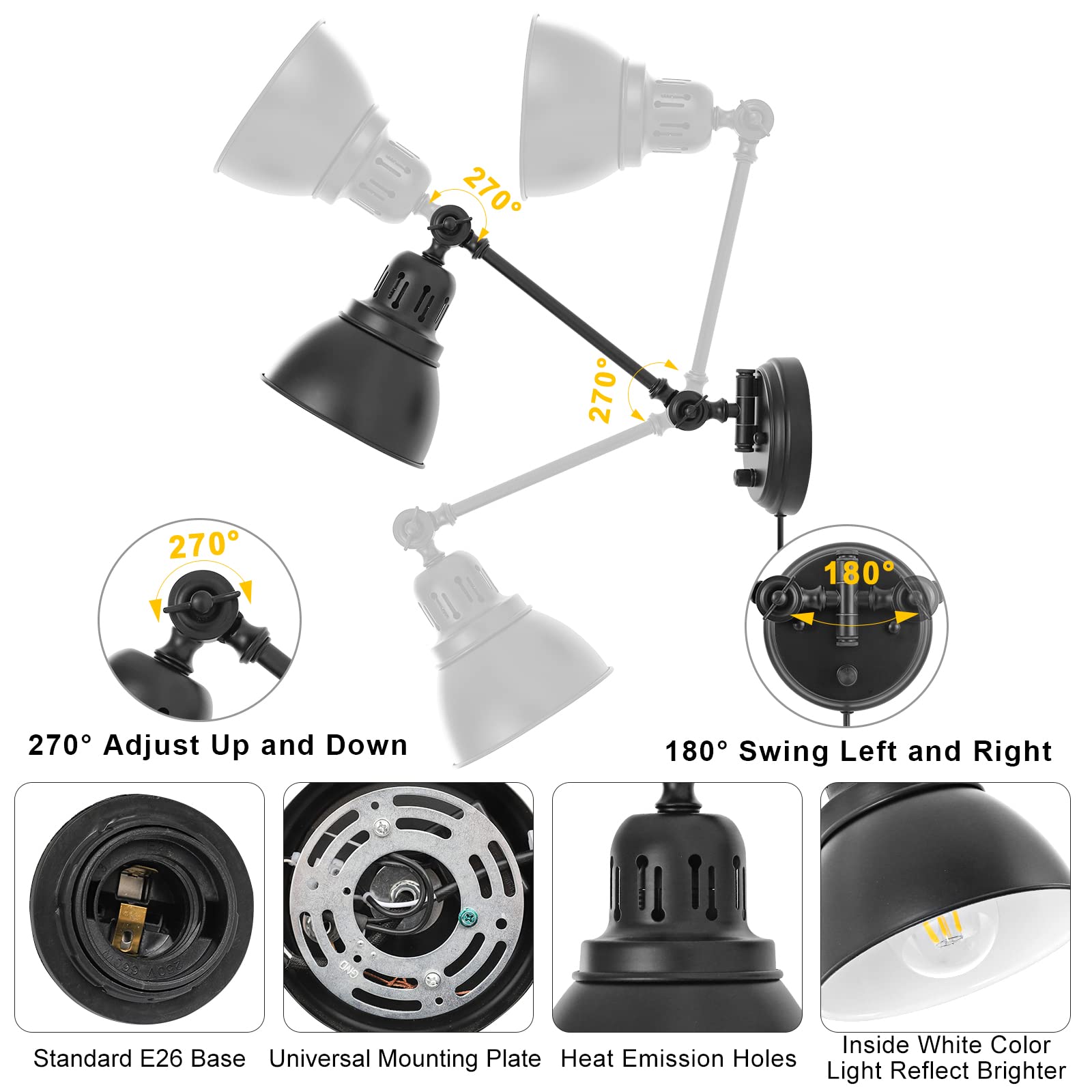 GOODATE wall sconce flexible swing arm for precise light direction.