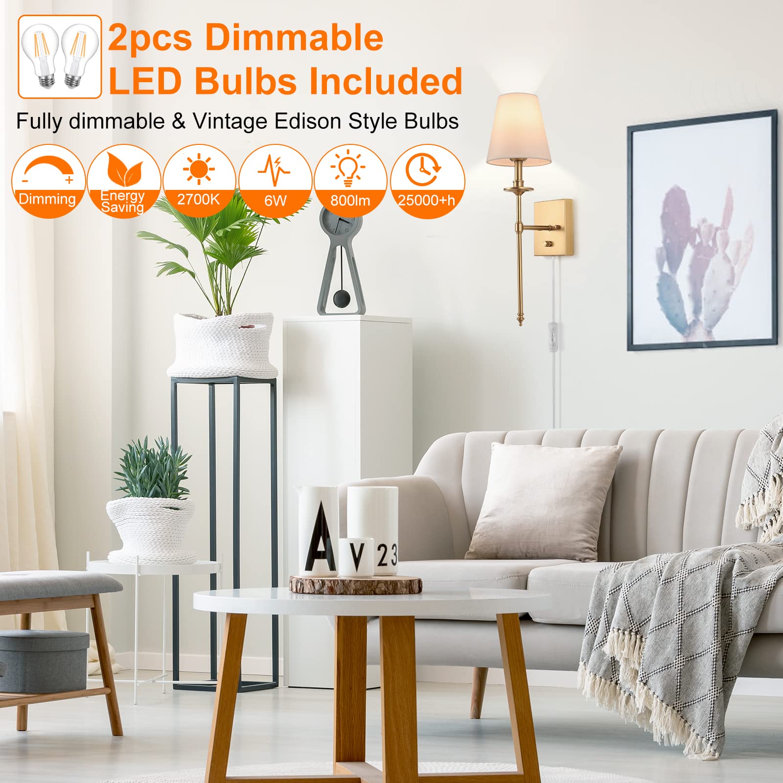 GOODATE plug-in wall sconce with 6ft cord for flexible placement.