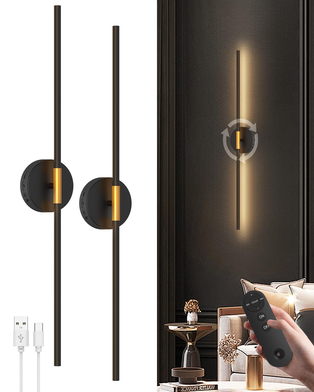 Goodea battery wall sconce with 360-degree rotation for versatile lighting in any room.
