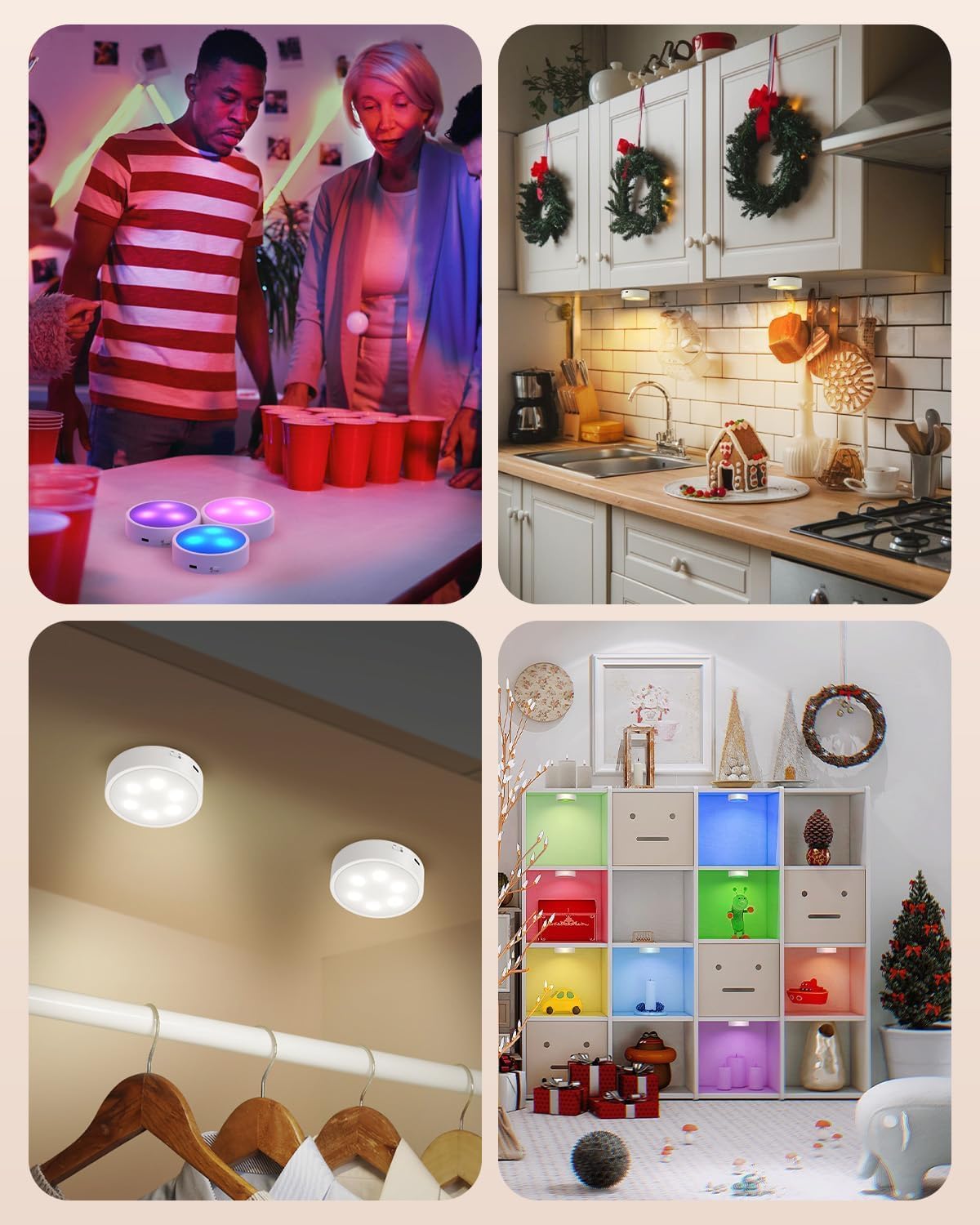 GOODEA.fun puck lights mounted with magnetic and adhesive mounts on wall