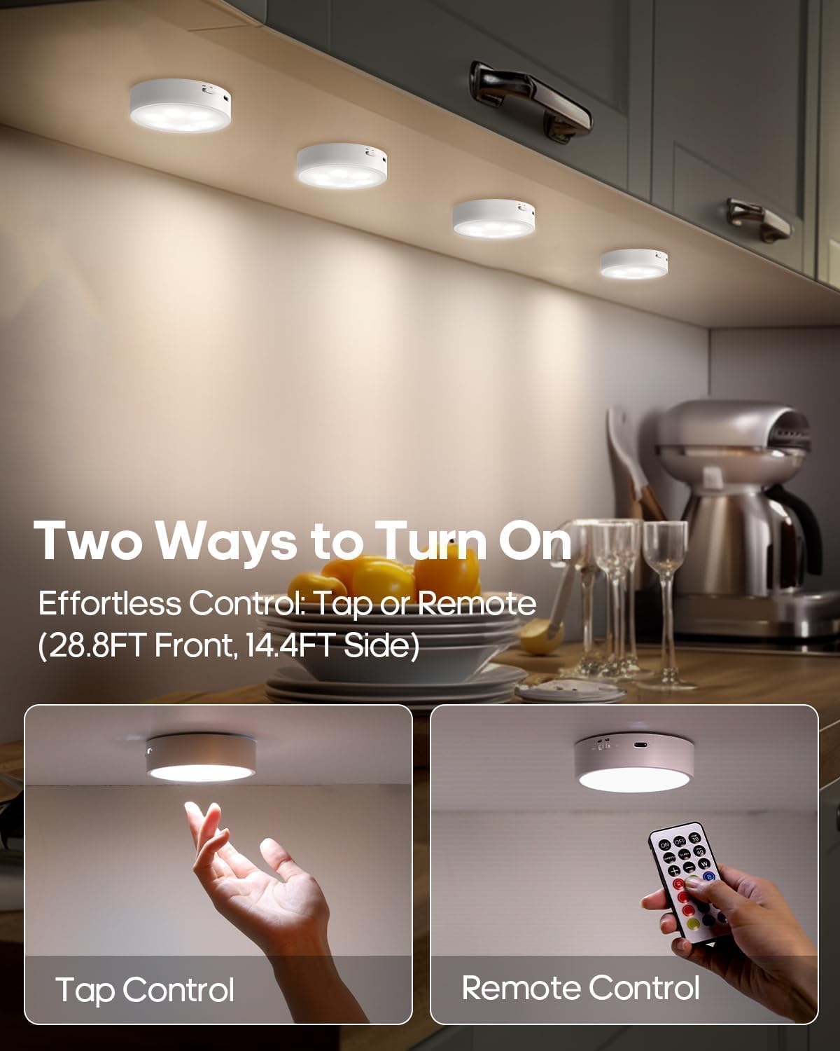 Tap-enabled GOODEA.fun puck lights used to switch on/off from a tap