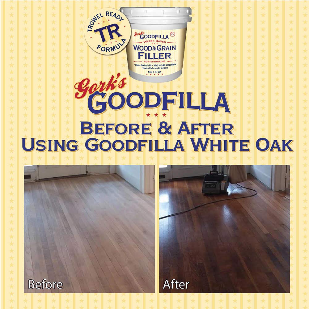Goodfilla filler swatch demonstrates stain compatibility on oak for uniform color.