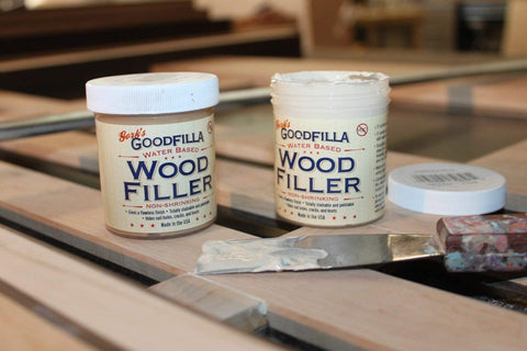 USA-made Goodfilla wood filler shown in workshop