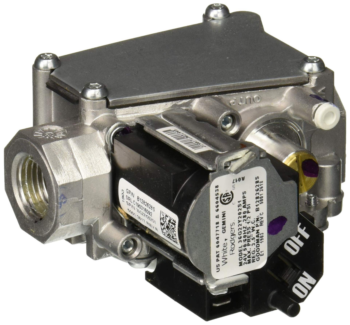 Goodman B1282628S gas valve assembly for reliable furnace operation.
