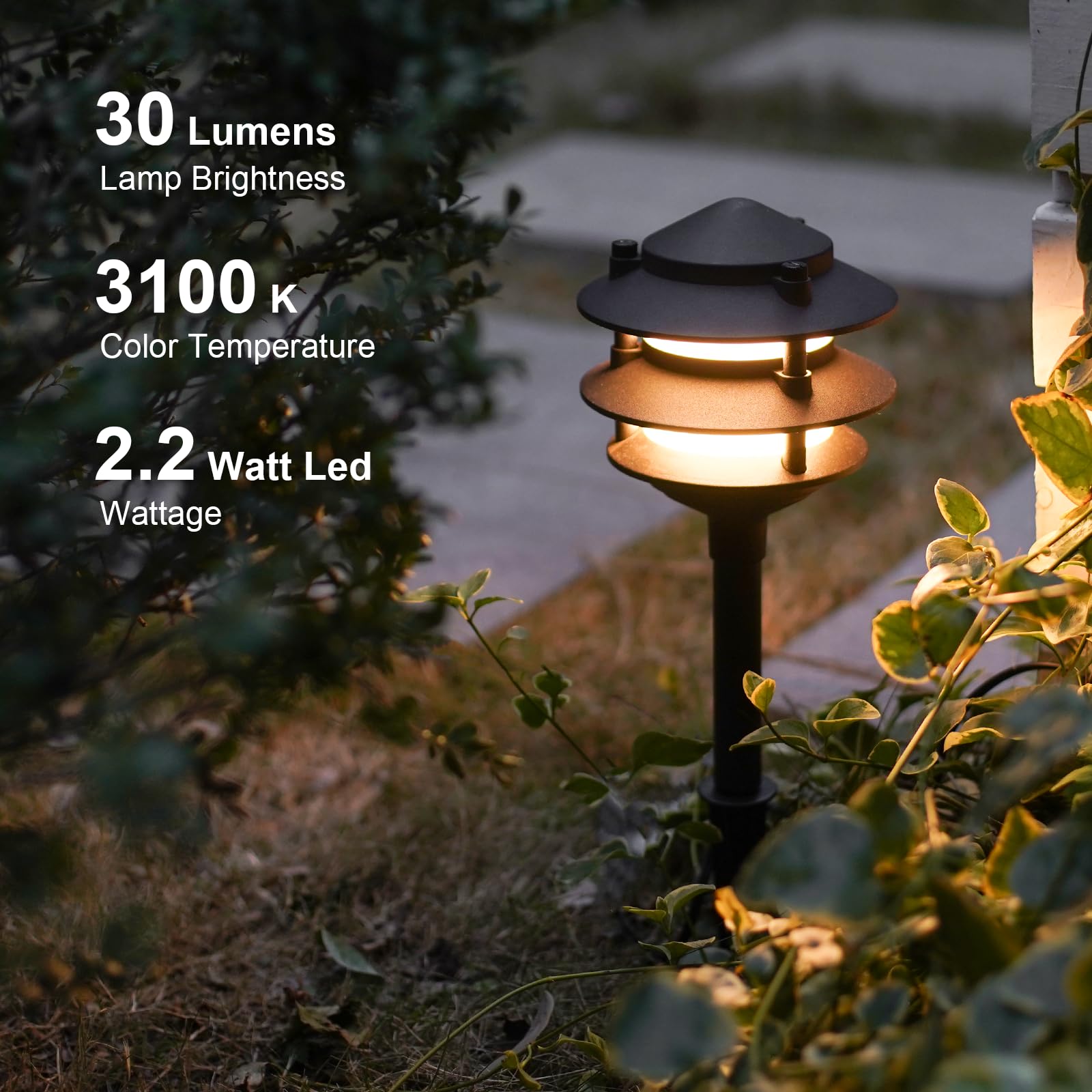 GOODSMANN pagoda-path light close-up showcases its distinctive 3-tier design and warmth.
