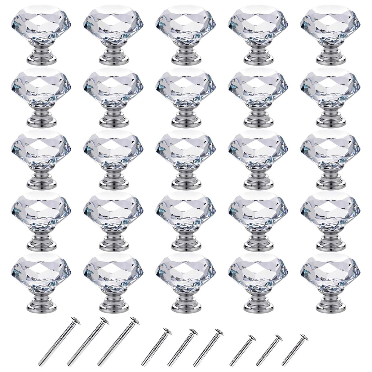 GoodtoU diamond crystal glass knob close-up with 30mm diameter and silver finish