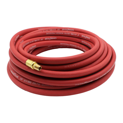 Goodyear 50 ft red rubber air hose ready for workshop tasks