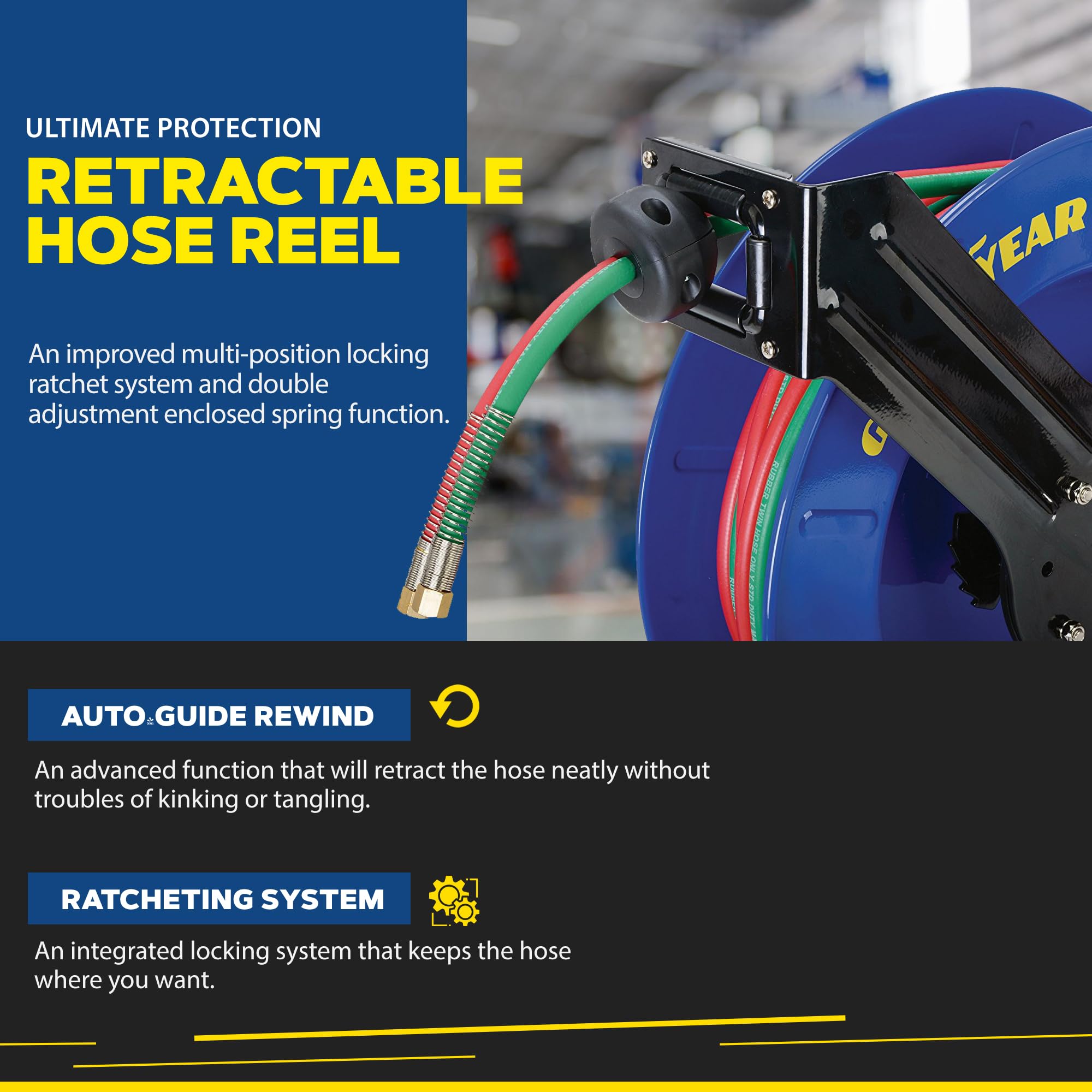 Goodyear adjustable hose stop helps control reel length during work.