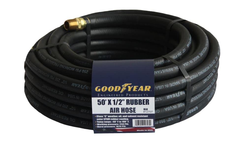Goodyear air hose 50ft black rubber for durable workshop use.