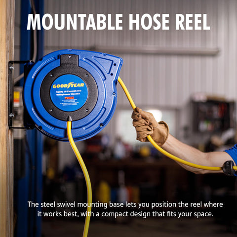 Goodyear air hose reel 50 ft hose extends reach and stores neatly