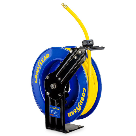 Goodyear air hose reel 50ft showcases sturdy steel construction for demanding workshops.