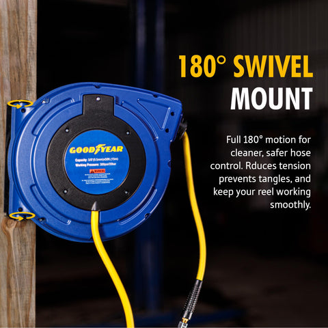 Goodyear air hose reel auto guide system keeps retraction tidy