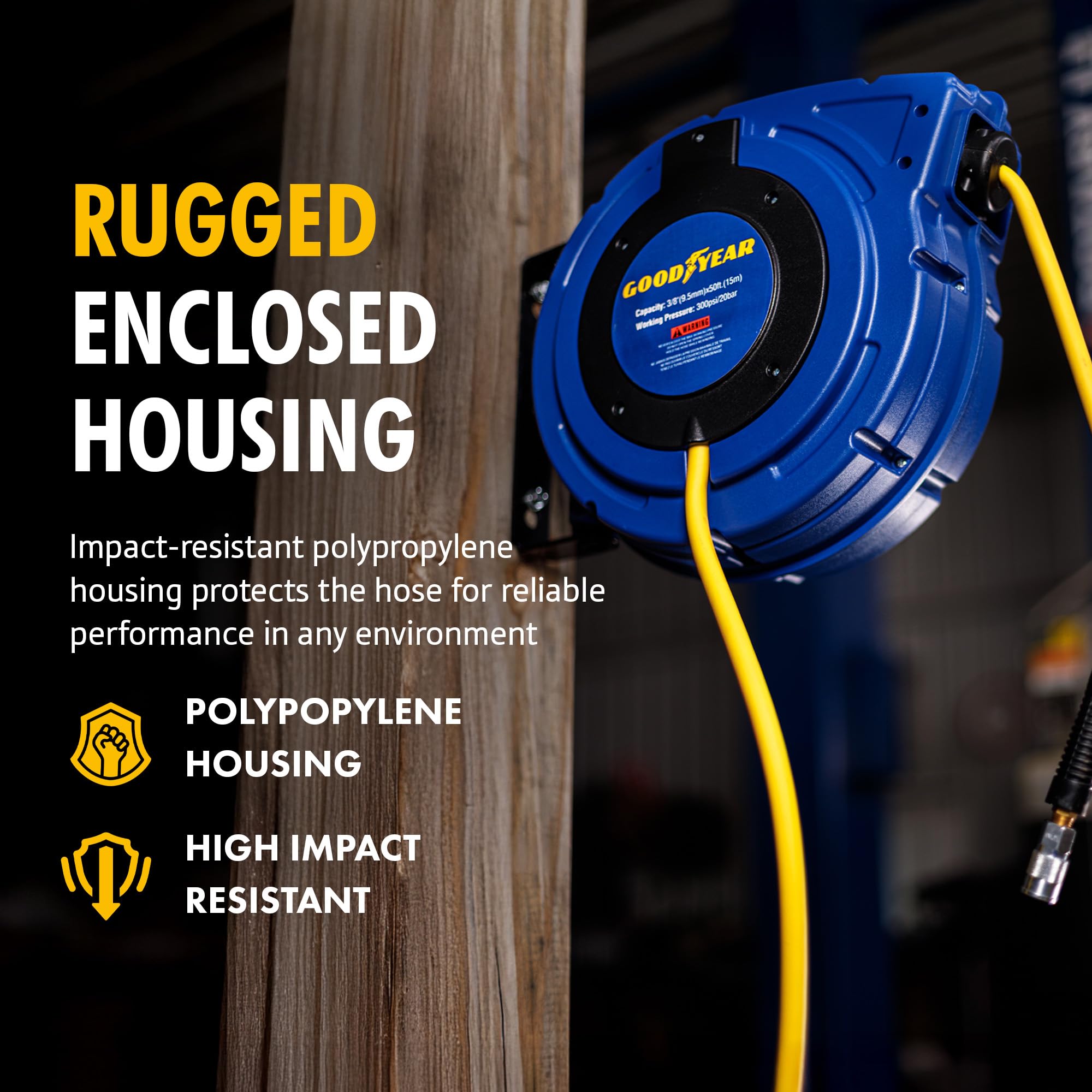 Goodyear air hose reel ergonomic PVC grip enables comfortable rewinds