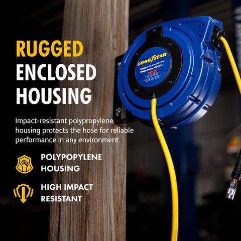 Goodyear air hose reel ergonomic PVC grip enables comfortable rewinds