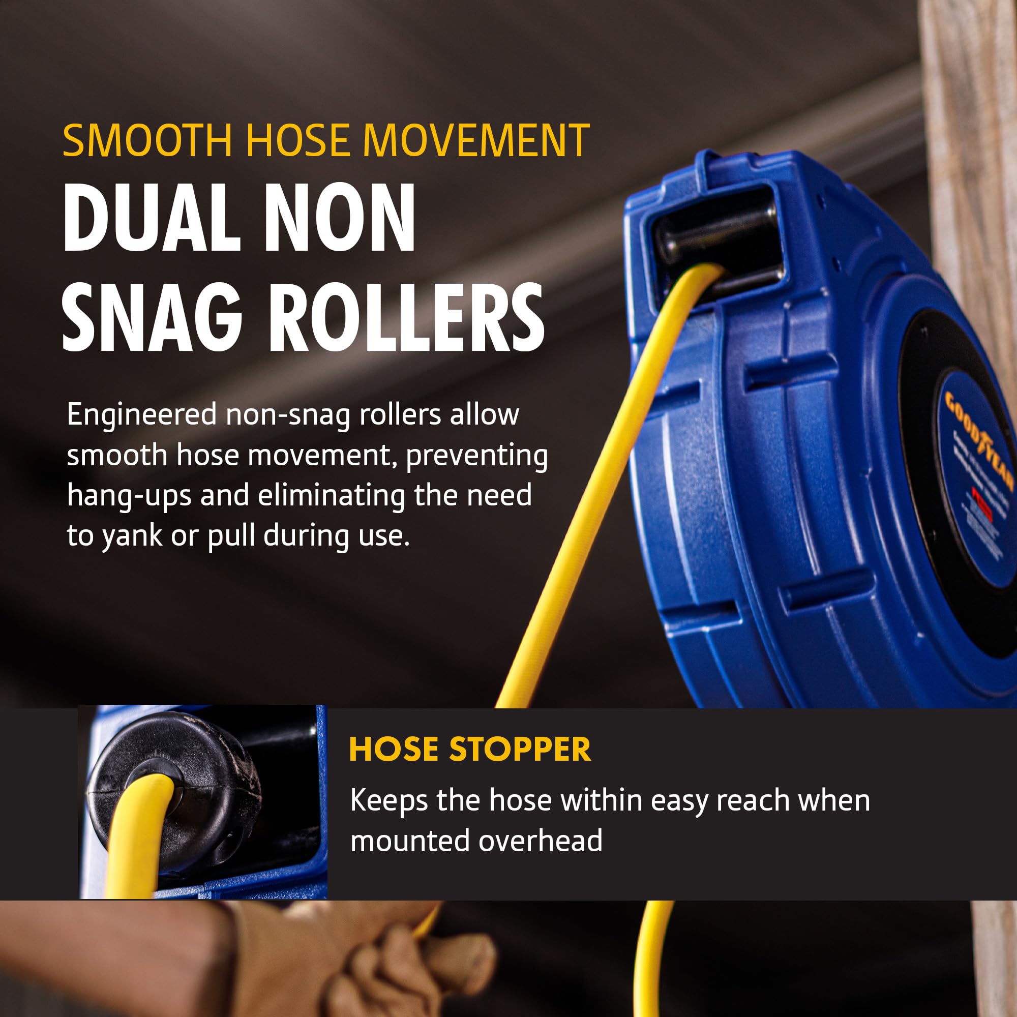 Goodyear air hose reel hybrid polymer hose offers flexible, low-memory performance