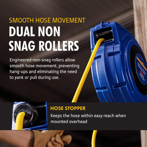 Goodyear air hose reel hybrid polymer hose offers flexible, low-memory performance