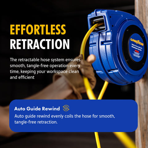 Goodyear air hose reel 36 inch lead-in simplifies setup and reduces kinks