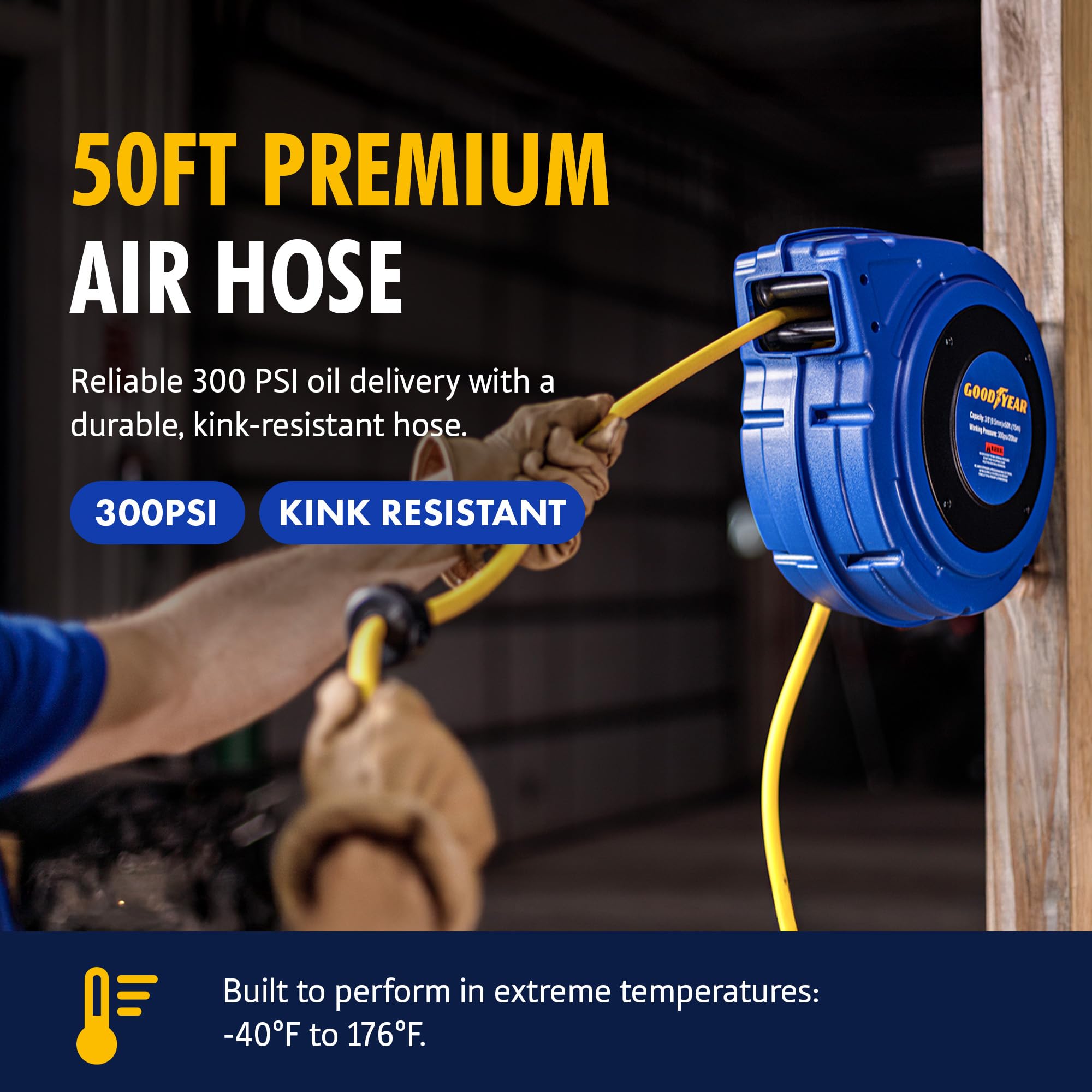Goodyear air hose reel swivel inlet reduces leaks for reliable connections