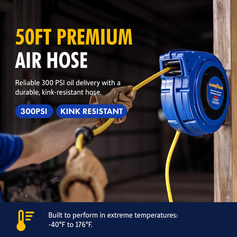Goodyear air hose reel swivel inlet reduces leaks for reliable connections