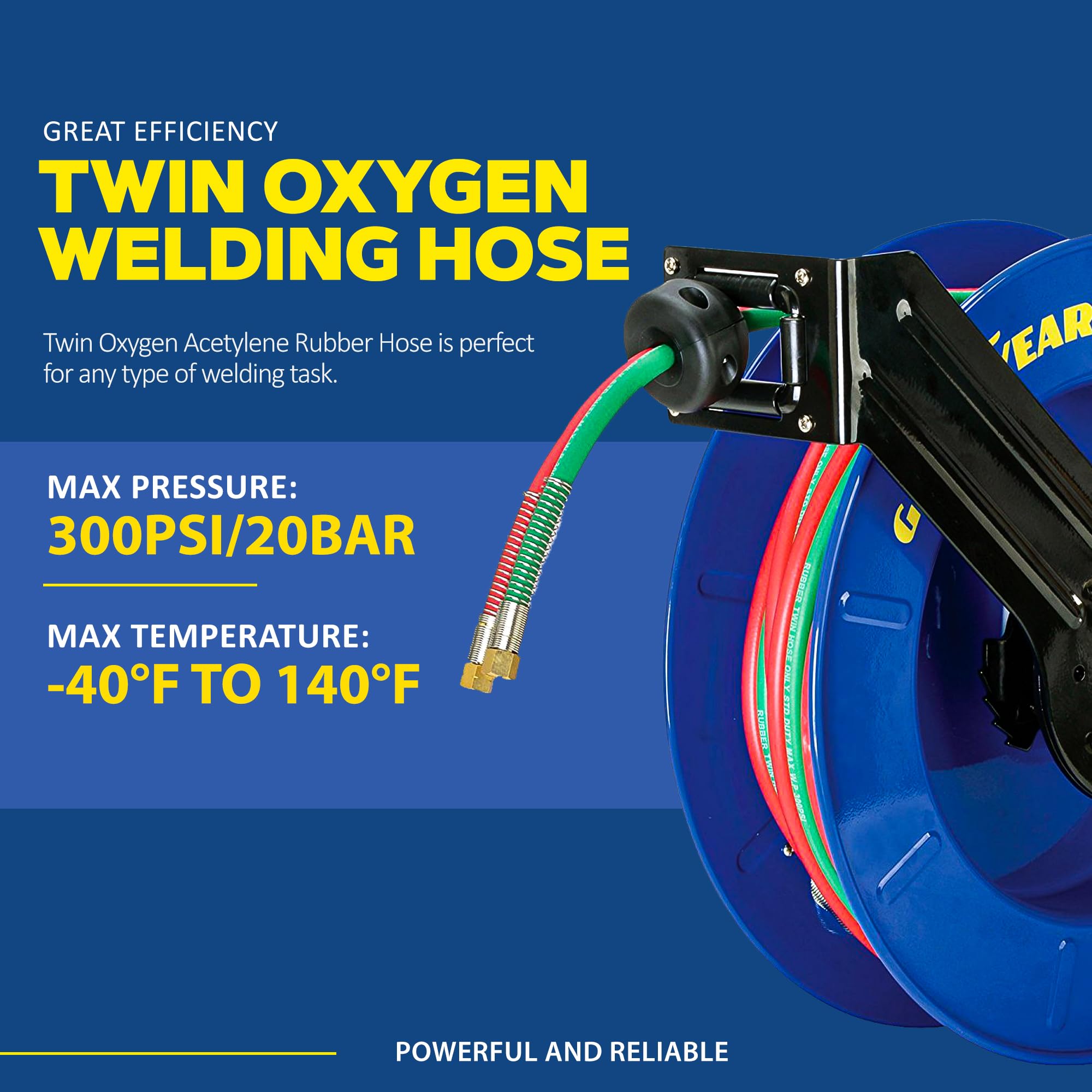 Goodyear brass swivel inlet connections prevent leaks during operation.