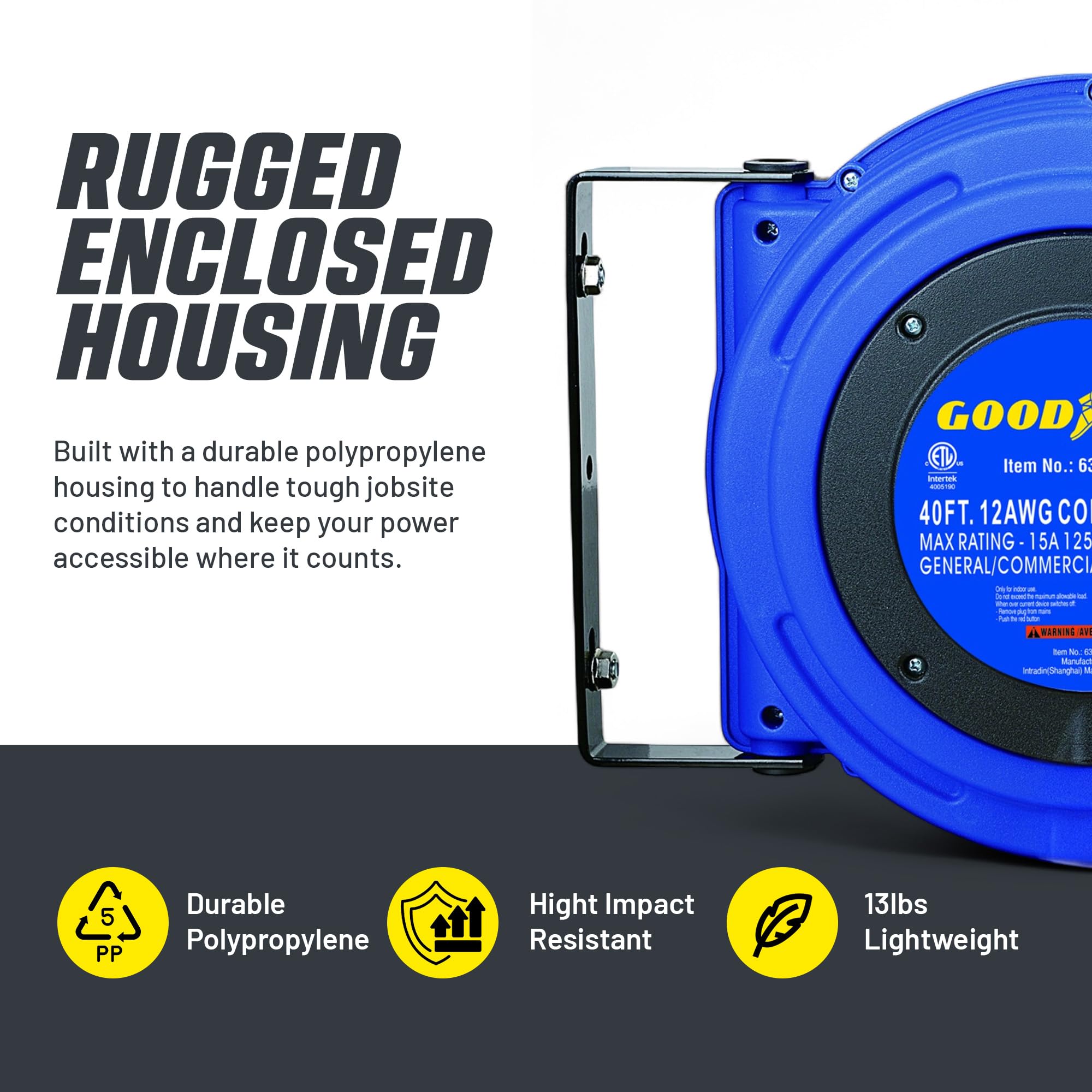 Goodyear extension cord reel uses 12 AWG SJTOW cable for durability in varied temperatures