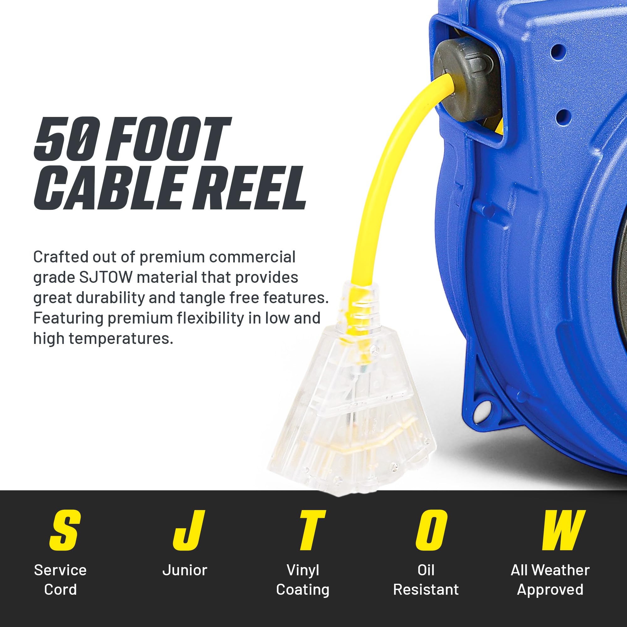 Goodyear extension cord reel includes NEMA 5-15 plug and outlet for standard devices
