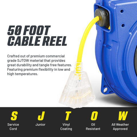 Goodyear extension cord reel includes NEMA 5-15 plug and outlet for standard devices
