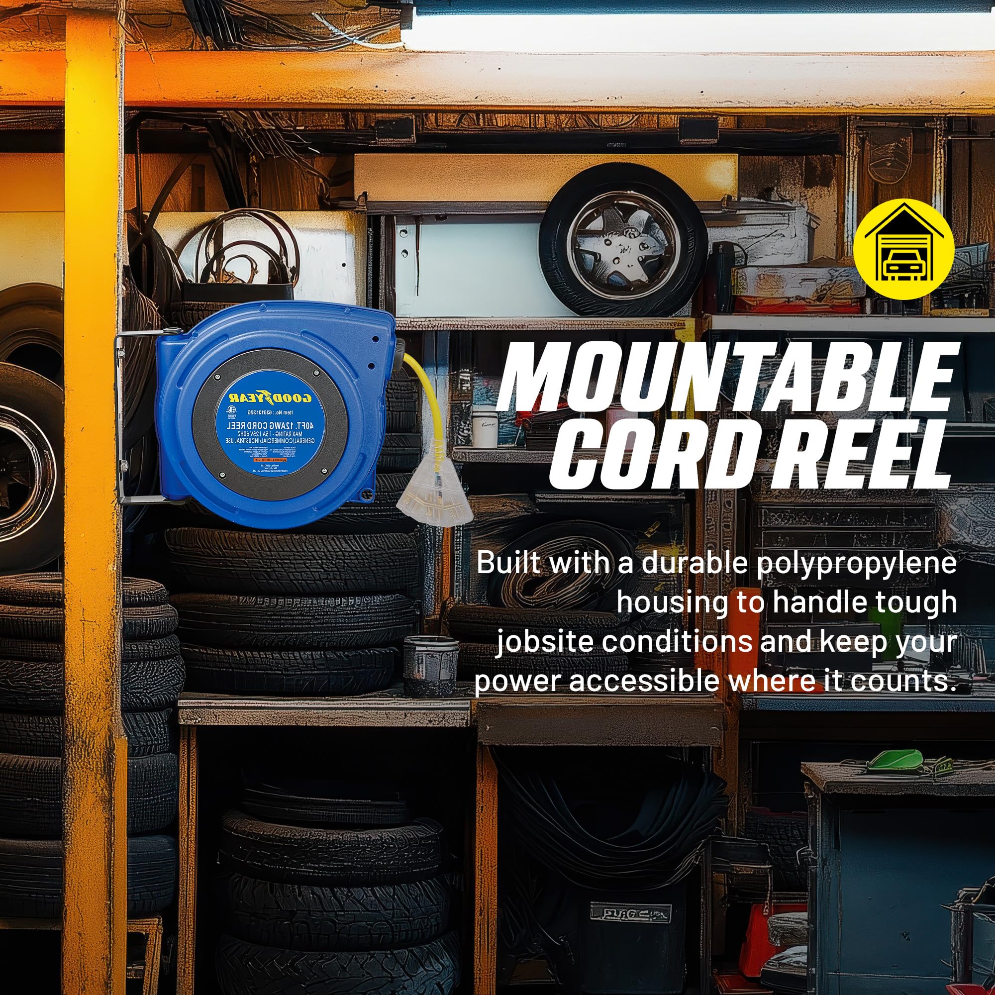 Goodyear extension cord reel features two non snag rollers to reduce cord wear