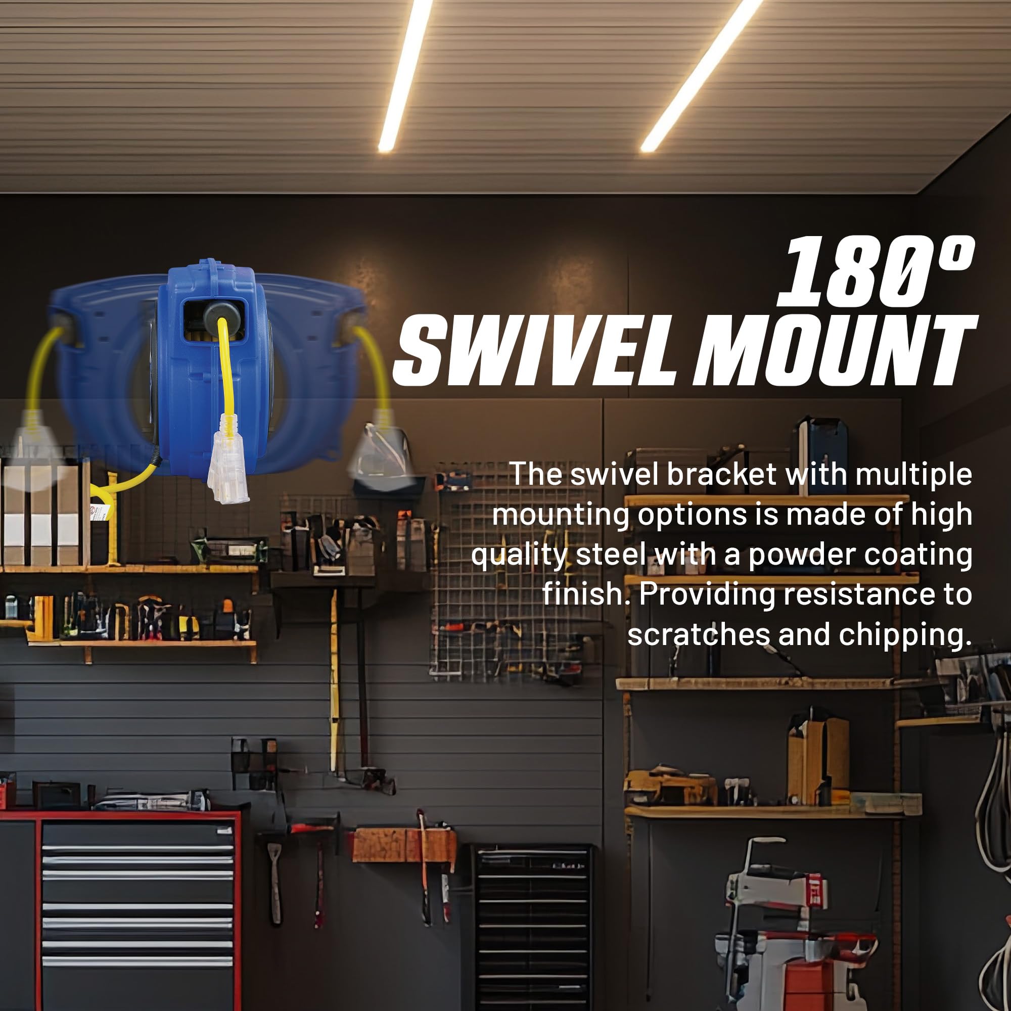 Goodyear extension cord reel has a 54 inch lead-in cord for quick setup