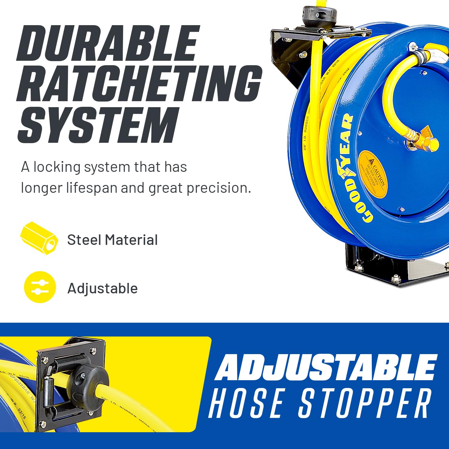 Goodyear adjustable guide arm supports precise hose direction.