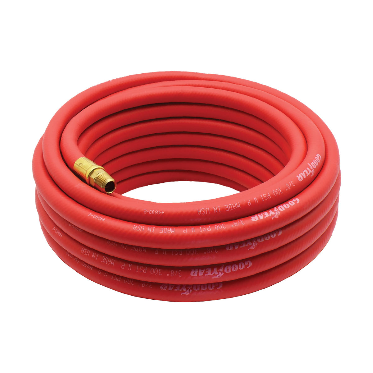 Goodyear hybrid air hose 25ft coiled for easy storage and quick reach.
