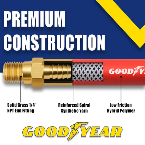 Goodyear hybrid air hose brass fittings ensure durable, secure connections.