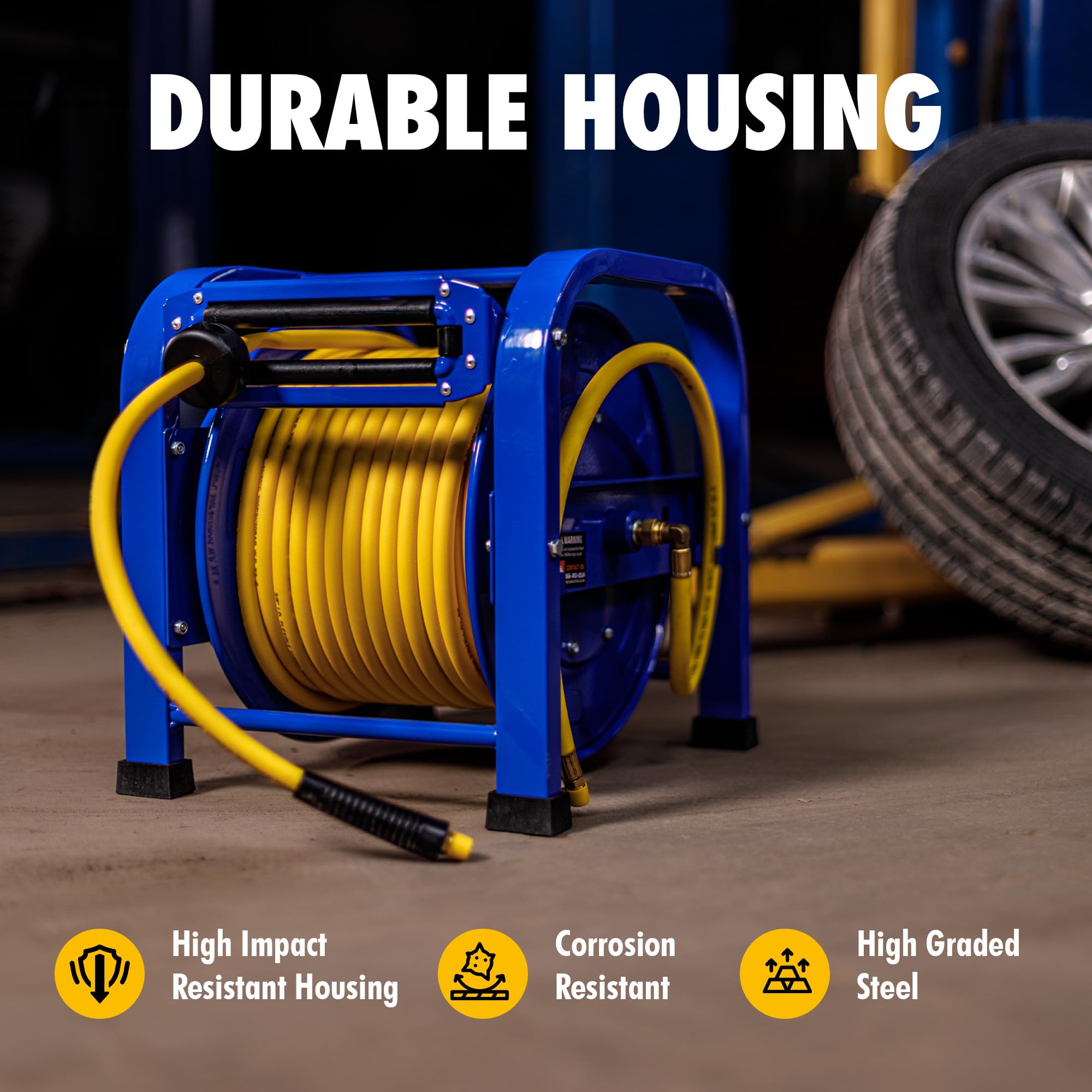 Portable, compact reel ideal for mobile workshop setup.