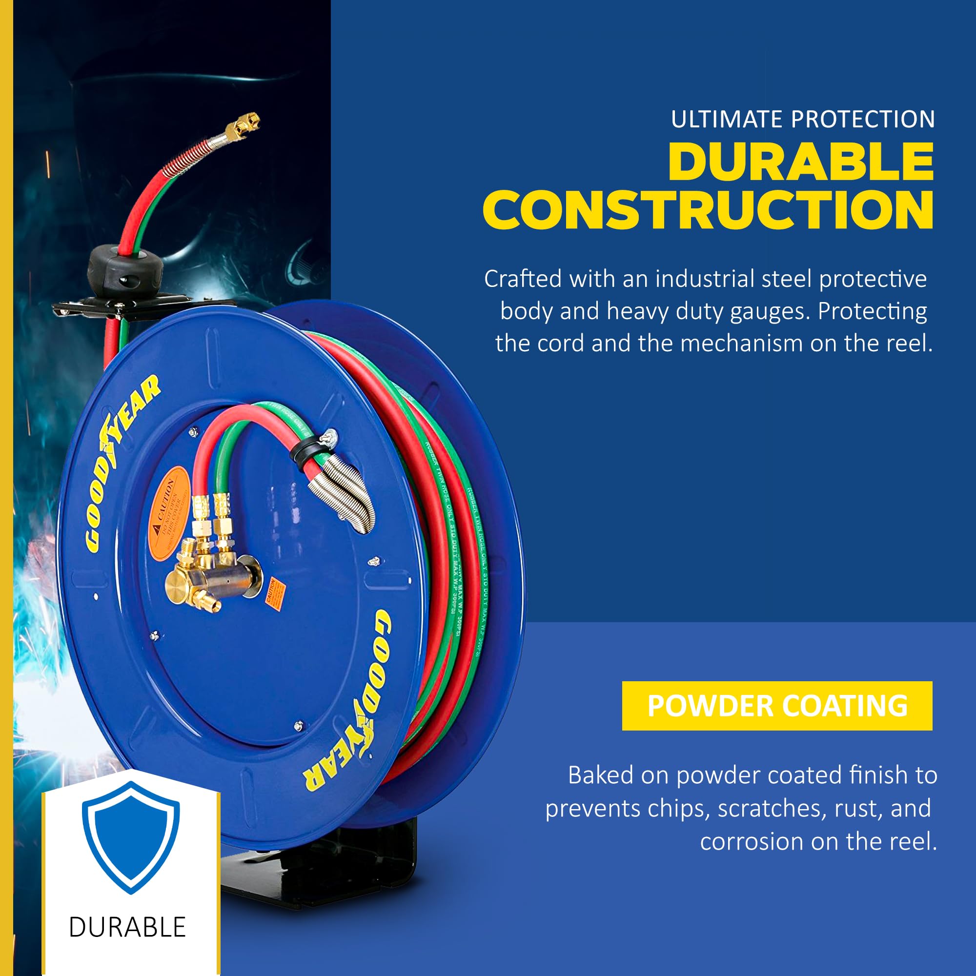 Goodyear powder-coated finish resists corrosion in tough conditions.